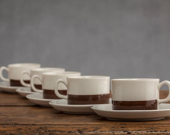 5x DUO Vintage Coffee/Tea SET by Gefle Sweden,  Malta series, 1970's, Made in Sweden, 5 Cups and Saucers, Scandinavian Swedish Design