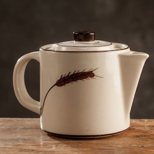 Scandinavian Stoneware Teapot by Höganäs Keramik, Made in Sweden in the 1970s, Vintage White-Brown Kettle, Floral Theme