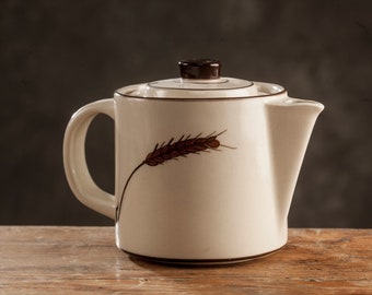 Scandinavian Stoneware Teapot by Höganäs Keramik, Made in Sweden in the 1970s, Vintage White-Brown Kettle, Floral Theme