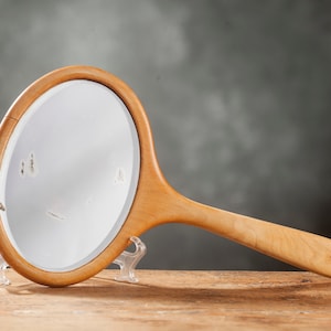 Vintage wooden hand mirror, Mid Century scandinavian wooden hairdressing mirror, retro decor, antique decoration