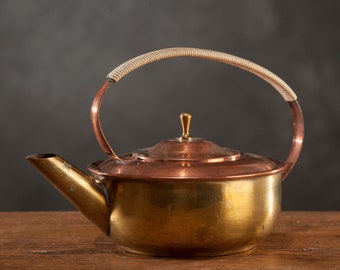 Vintage Brass and Copper TEA KETTLE / Tea pot MCM, 1960s brass decor, mid century