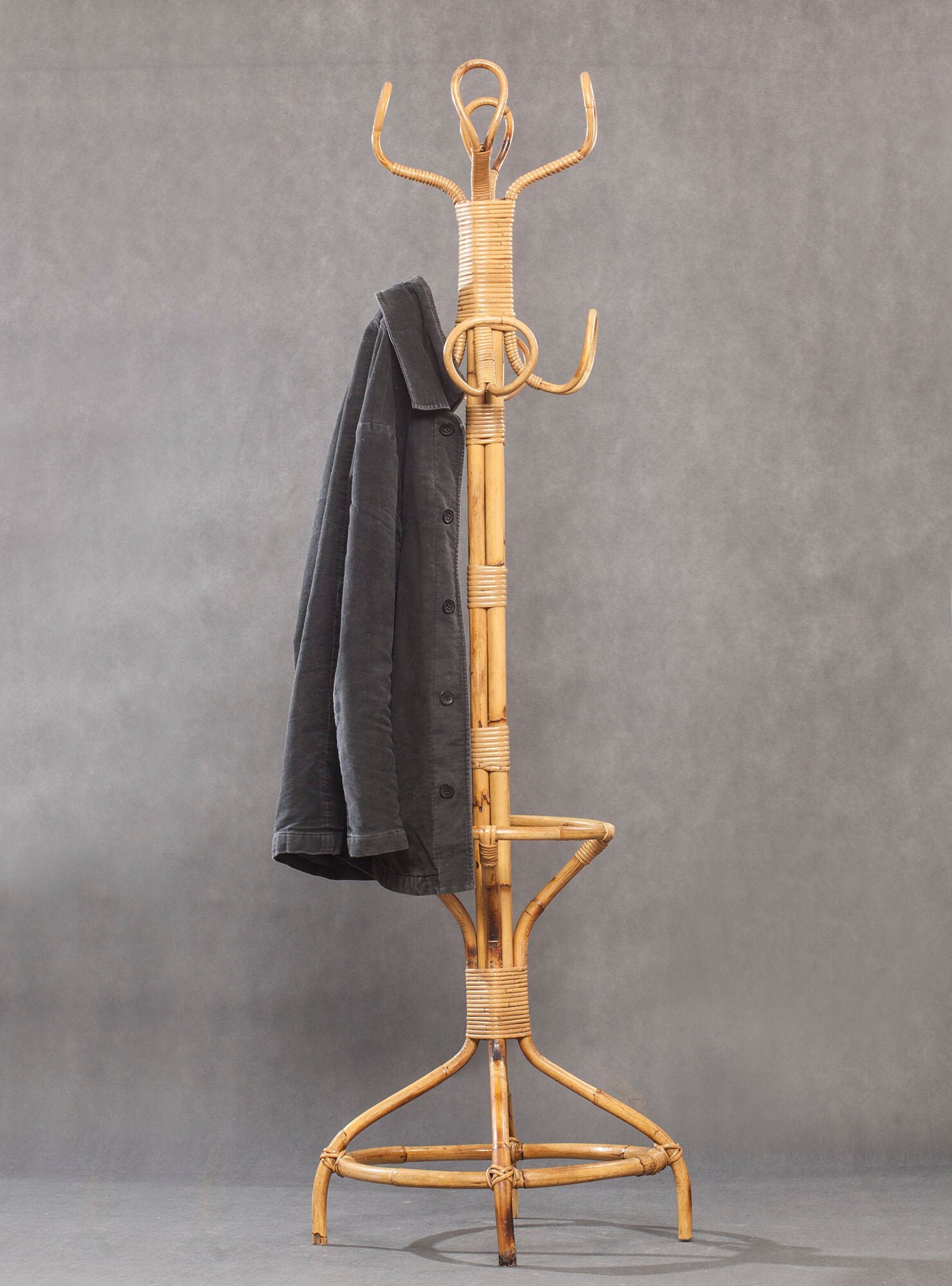 Mid-Century Rattan and Bamboo Coat Rack Stand, 1960s for sale at