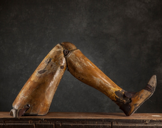 Antique 1930s Leg Prosthesis Orthopedic, Wood and Leather Peg Leg