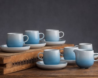 Blue and White Vintage Coffe/Tea Set by Pentik, Salvia Series, 1970's, Made in Finland, 6 Cups and Saucers, Milk Jug, Finnish Design