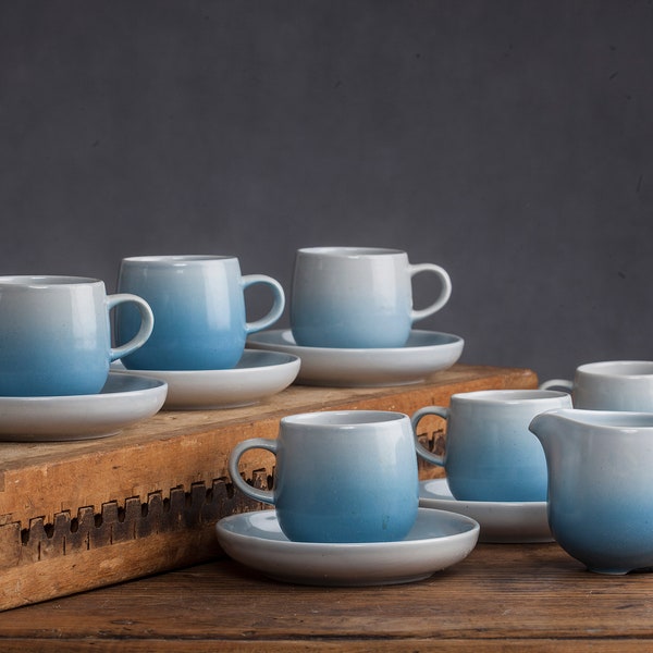 Blue and White Vintage Coffe/Tea Set by Pentik, Salvia Series, 1970's, Made in Finland, 6 Cups and Saucers, Milk Jug, Finnish Design