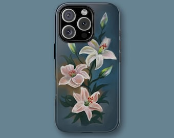 Floral Lily Phone Case, Elegant Flower Design, Tough Dual-Layer iPhone 16 15 14 13 12 11 Samsung S25 S24 S23 S22 Google Pixel 9 8 7 6 Tough