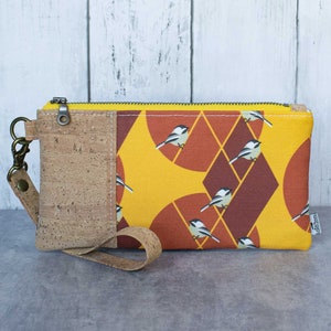 Chickadee Wristlet Sustainable Cork, Linen, Hemp eco-friendly gift for birder zipper pouch image 2