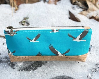 Osprey Zipper Pouch | Eco-friendly gift for wildlife lover | Linen, Cork, Hemp, Organic Cotton | Handmade Pencil Case