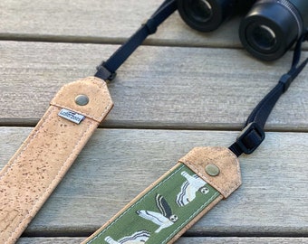 Short-eared Owl Optics Strap | Camera or Binocular Strap | Eco-friendly | cork and linen canvas | Adjustable