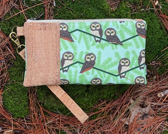 Saw-whet Owl Wristlet | Sustainable Cork, Linen, Hemp | eco-friendly gift for birder | zipper pouch