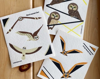 Owl Lover Swedish Dishcloth (Set of 3) | Saw-whet Owl, Long-eared Owl, Short-eared Owl, sponge cloth, wet cloth, biodegradable, ecofriendly,