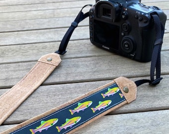 Rainbow Trout Optics Strap | Eco-friendly | cork and linen canvas | Adjustable Binoculars, Camera | Fishing