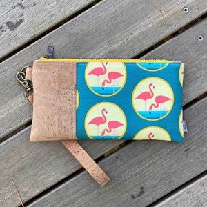 Cartera de flamenco / Regalo ecológico / Corcho, lino, cáñamo / Cartera de ornitólogo / Estuche con cremallera