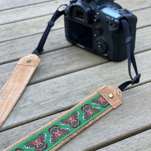 Cecropia Moth Optics Strap | Eco-friendly | cork and linen canvas | Adjustable Binoculars, Camera