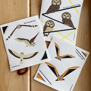 Owl Lover Swedish Dishcloth (Set of 3) | Saw-whet Owl, Long-eared Owl, Short-eared Owl, sponge cloth, wet cloth, biodegradable, ecofriendly,