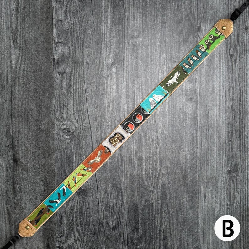 Dragonne pour jumelles/appareil photo Patchwork Birds | Respectueux de l'environnement | Observation des oiseaux, oiseaux de rivage, hiboux, oiseaux chanteurs Strap B