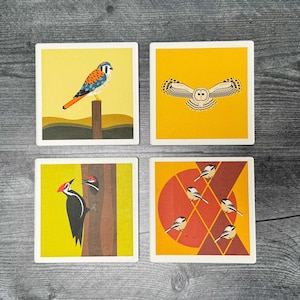 May include: Set of four square cards with colorful illustrations of birds. The first card features a red-breasted bird perched on a branch. The second card features a white owl with black markings. The third card features a woodpecker on a tree trunk. The fourth card features a group of small birds with black and white markings flying around a red and yellow geometric design.