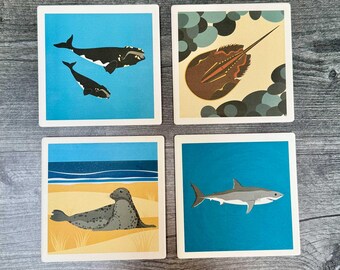 Sea Life Coaster Set: Absorbent Ceramic, USA Made