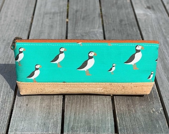 Puffin Zipper Pouch | Eco-friendly gift for wildlife lover | Linen, Cork, Hemp, Organic Cotton | Handmade Pencil Case