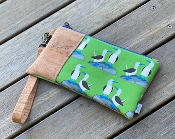 Blue-footed Booby Wristlet | Eco-friendly Cork, Linen, Hemp | eco-friendly gift for bird lover | zipper pouch