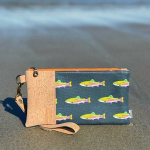 Rainbow Trout Wristlet | Cork, Linen, Hemp | eco-friendly gift | zipper pouch purse