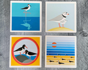 Shorebirds Coaster Set: Oystercatcher, Skimmer, Plover, Stilt - USA Made