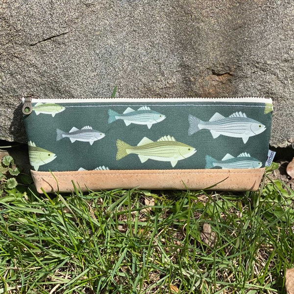 Striped Bass Zipper Pouch | Eco-friendly fish gift | Linen, Cork, Hemp, Organic Cotton | Handmade Pencil Case