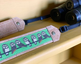 Saw-whet Owl Optics Strap | Eco-friendly | cork and linen canvas | Adjustable Binoculars, Camera