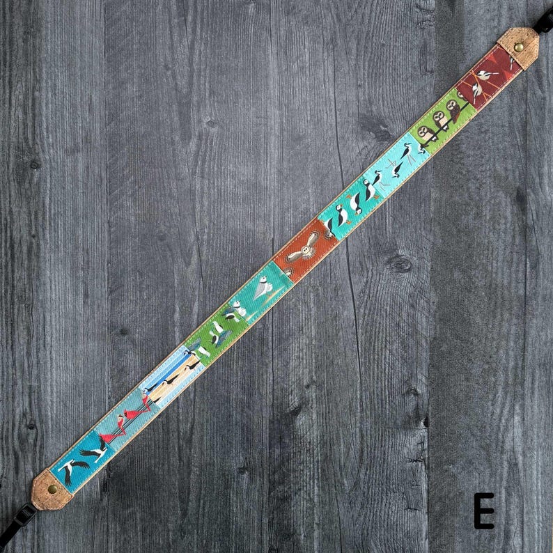 Dragonne pour jumelles/appareil photo Patchwork Birds | Respectueux de l'environnement | Observation des oiseaux, oiseaux de rivage, hiboux, oiseaux chanteurs Strap E