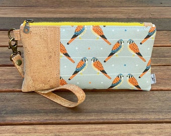 Kestrel Wristlet | Sustainable Cork, Linen, Hemp | eco-friendly gift for birder | zipper pouch