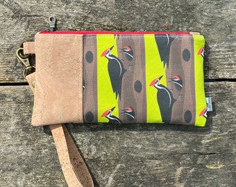 Pileated Woodpecker Wristlet | Sustainable Cork, Linen, Hemp | eco-friendly gift for birder | zipper pouch