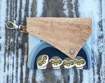 Burrowing Owl Snap Wallet | Eco-friendly Coin Purse Keychain | Hemp, Cork, Linen | Bird Gift