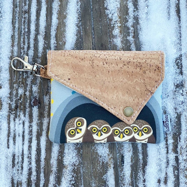 Burrowing Owl Snap Wallet | Eco-friendly Coin Purse Keychain | Hemp, Cork, Linen | Bird Gift