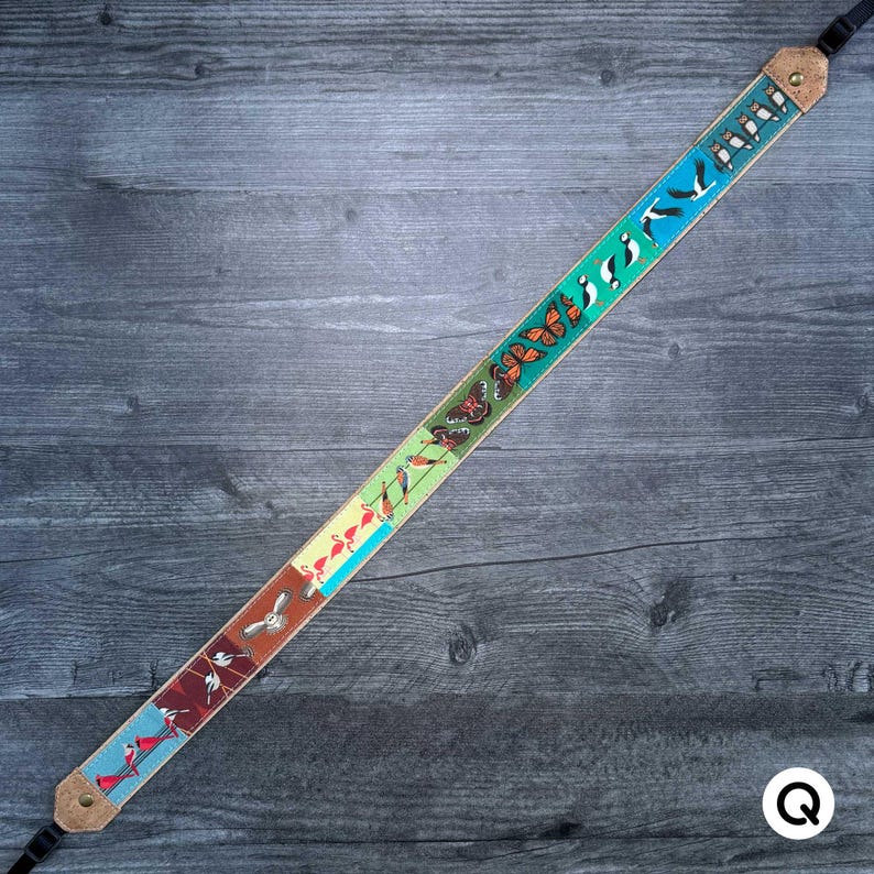 Dragonne pour jumelles/appareil photo Patchwork Birds | Respectueux de l'environnement | Observation des oiseaux, oiseaux de rivage, hiboux, oiseaux chanteurs Strap Q