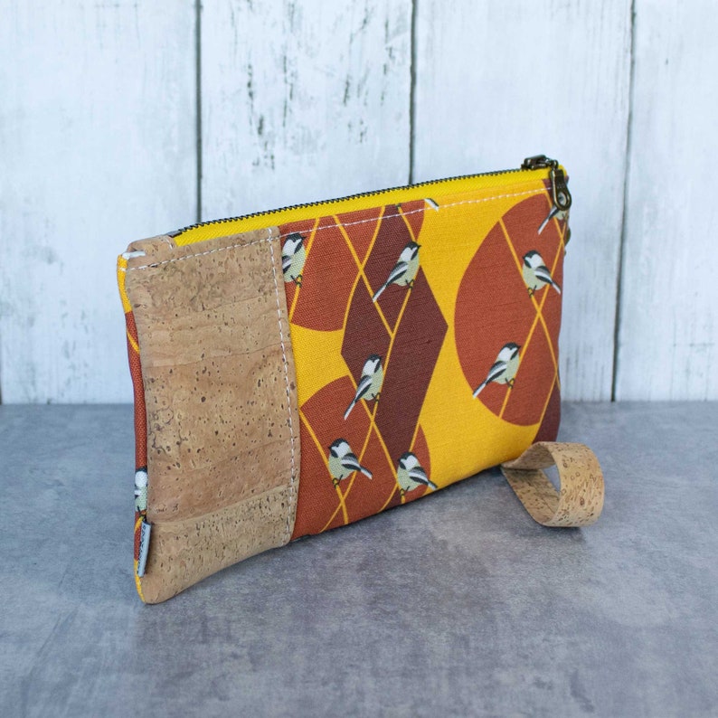 Chickadee Wristlet Sustainable Cork, Linen, Hemp eco-friendly gift for birder zipper pouch image 3