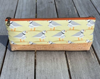 Piping Plover Zipper Pouch | Eco-friendly gift for bird lover | Linen, Cork, Hemp, Organic Cotton | Handmade Pencil Case