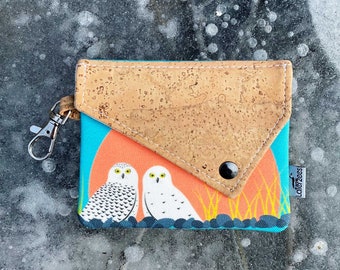 Snowy Owl Snap Wallet | Eco-friendly Coin Purse Keychain | Hemp, Cork, Linen | Credit Card Wallet