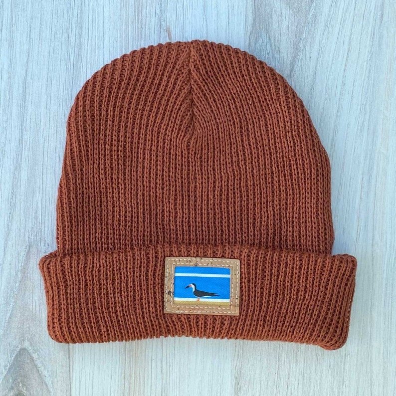 Hemp and organic cotton beanie with Black Skimmer cork patch