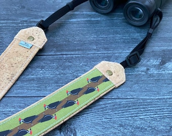 Pileated Woodpecker Optics Strap | Eco-friendly | cork and linen canvas | Adjustable Binoculars, Camera