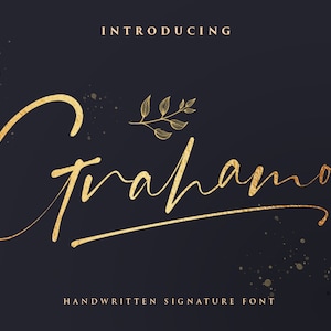 May include: Introducing Grahamo, a handwritten signature font in gold lettering on a dark blue background. The font is elegant and stylish, with a delicate floral design.