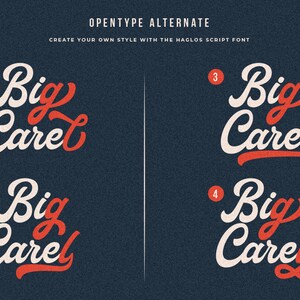 May include: Four variations of the text "Big Carel" in a stylized script font. The text is in white with red accents. The text is numbered 1 through 4.