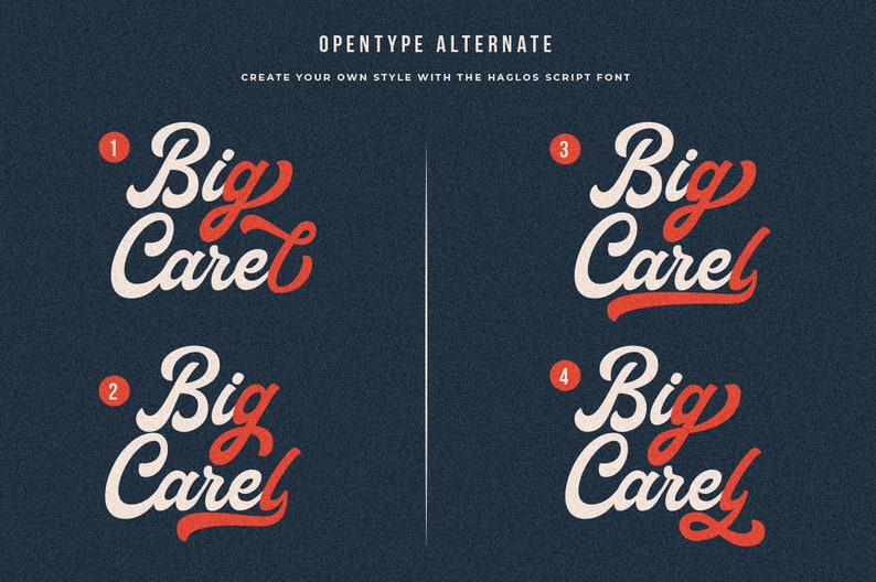May include: Four variations of the text "Big Carel" in a stylized script font. The text is in white with red accents. The text is numbered 1 through 4.