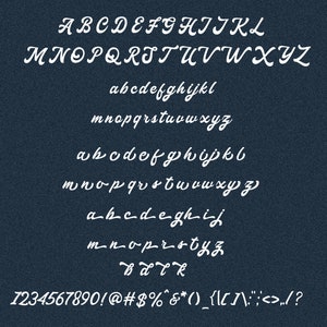May include: A white font alphabet chart with uppercase and lowercase letters, numbers, and symbols on a dark blue background.