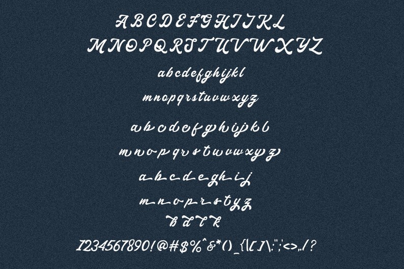 May include: A white font alphabet chart with uppercase and lowercase letters, numbers, and symbols on a dark blue background.