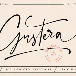 May include: A black and white image of a handwritten script font called "Gystera" with the text "Signature Font" and "Jan 1990" in a circle. The text "Vol. 3", "Sophisticated Script Font", and "Ex/Clusi/:Vie" are also included in the image.