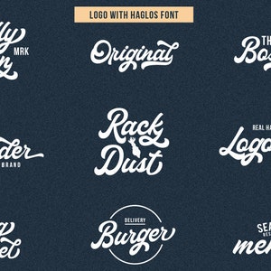 May include: Nine white logos with a retro, handwritten style using the Haglos font. The logos include "Billy Han", "Vander", "Original", "The Boston", "Rack Dust", "Logotype", "Big Carel", "Burger", and "menosa".