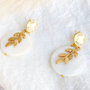 Nacre 24k gold plated earrings, leaf mother-pearl earrings, birth crystal jewels, white-gold earrings, chakra healing jewelry yoga sacred