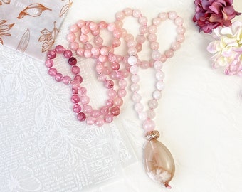 108 beads femenine pink quartz mala garland for meditation, light pink birthing crystal necklace for healing chakra, yoga lovers gifts,