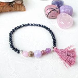 love Intention gemstones bracelet; pink crystals elastic bracelet for meditation; healing crystals choker for self-love; yoga gifts for her