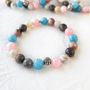 bracciale elastico con pietre acquamarina; bracciale rigido con cristalli rosa e marroni per la meditazione; braccialetto con cristalli curativi dei chakra; regali yoga per lei
